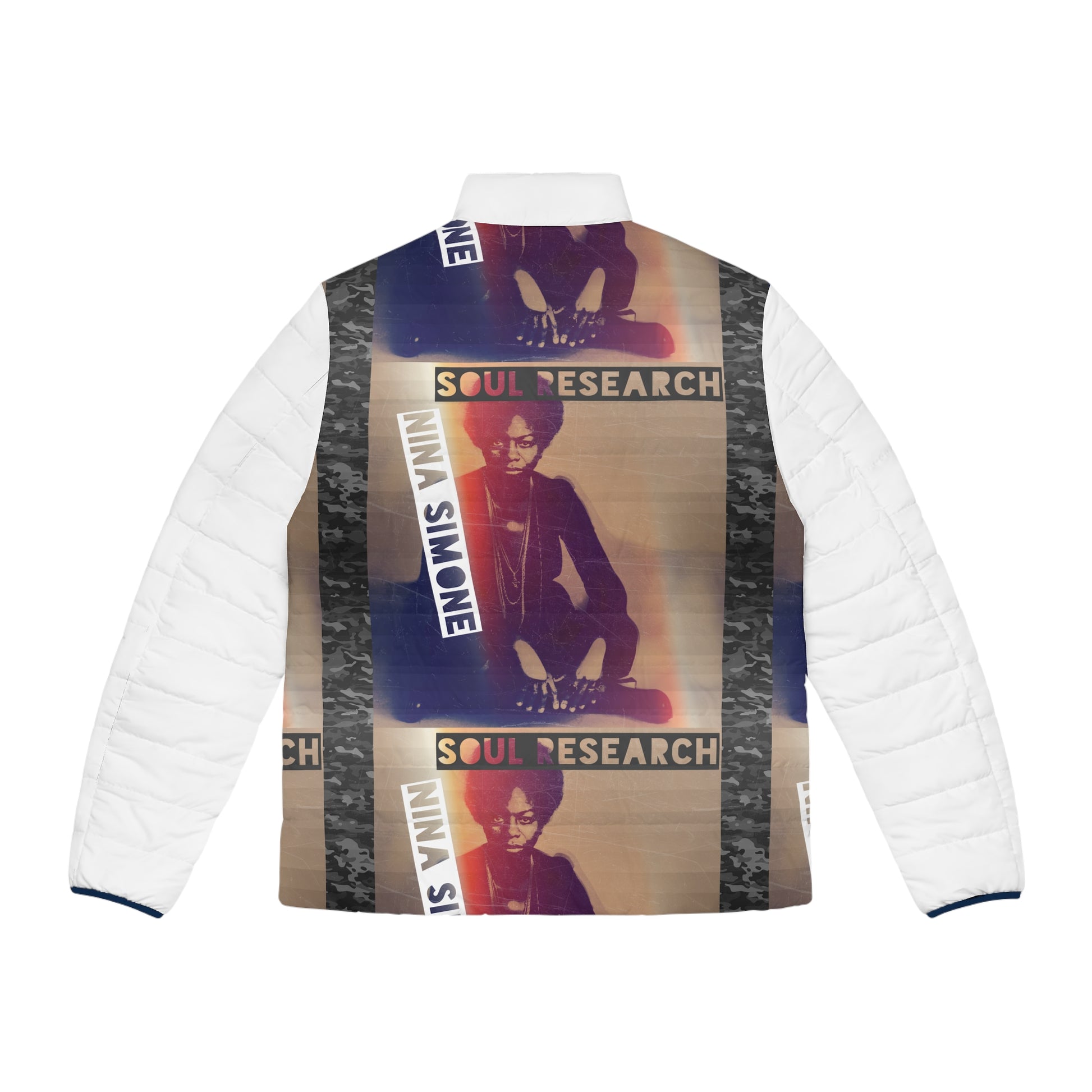 Nina Simone Inspired Men's Puffer Jacket, Urban Street Style, Cozy Winter Wear, Gift for Music Lovers, Fashion Statement, AOP Design