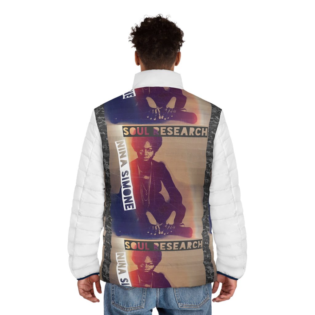 Nina Simone Inspired Men's Puffer Jacket, Urban Street Style, Cozy Winter Wear, Gift for Music Lovers, Fashion Statement, AOP Design