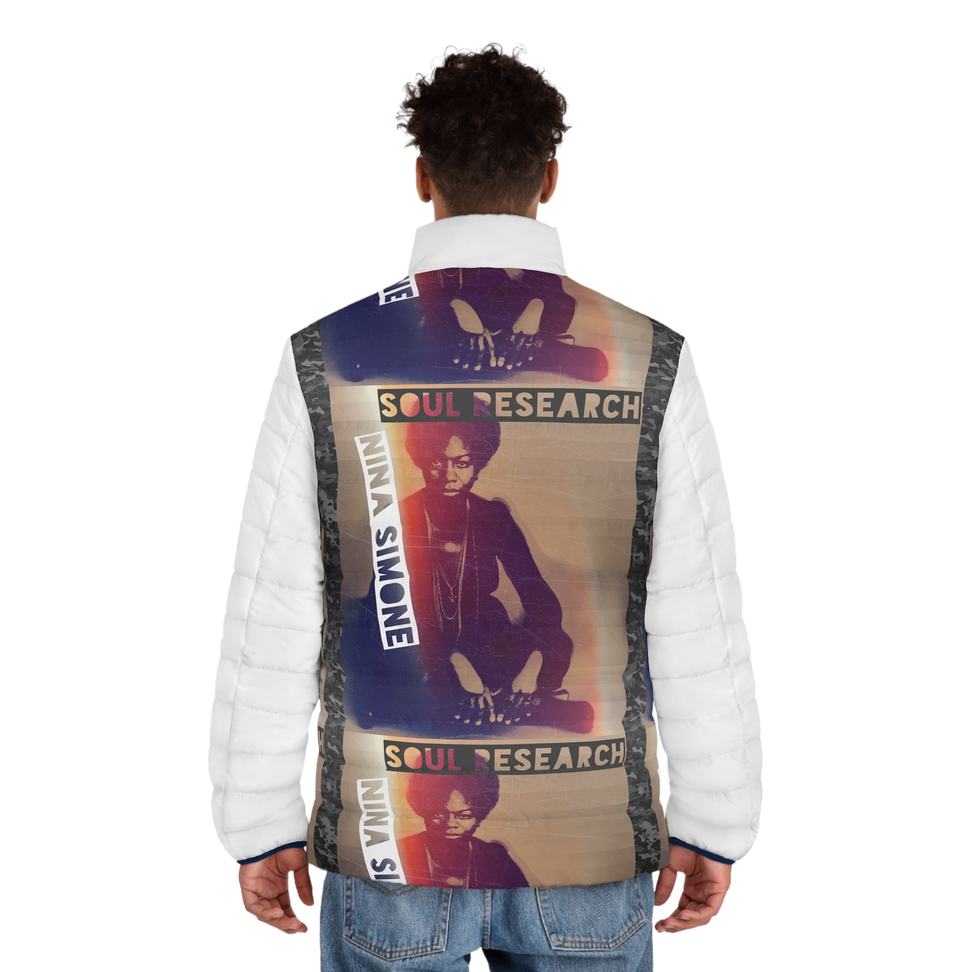 Nina Simone Inspired Men's Puffer Jacket, Urban Street Style, Cozy Winter Wear, Gift for Music Lovers, Fashion Statement, AOP Design