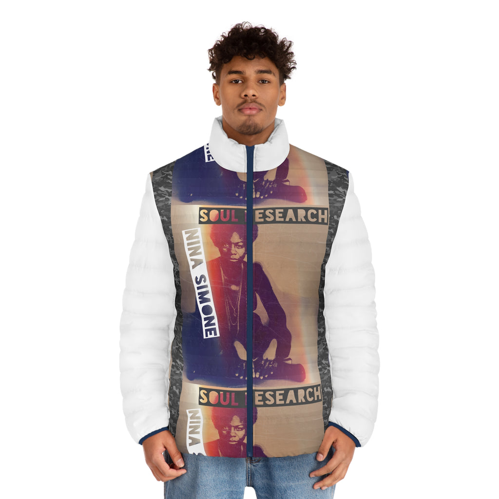 Nina Simone Inspired Men's Puffer Jacket, Urban Street Style, Cozy Winter Wear, Gift for Music Lovers, Fashion Statement, AOP Design