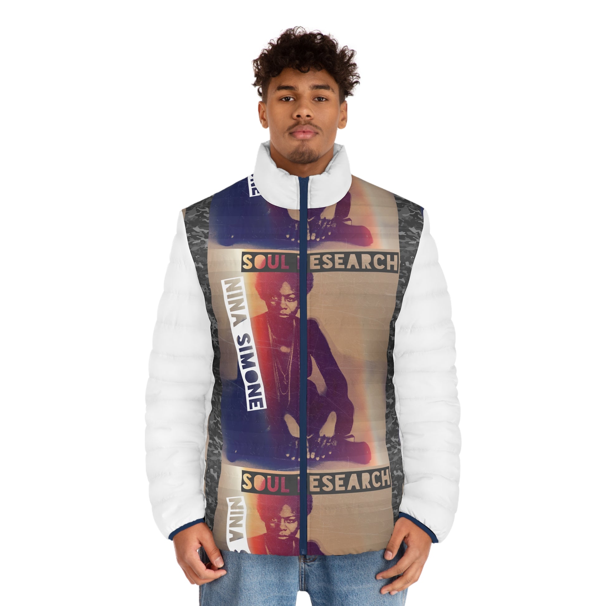 Nina Simone Inspired Men's Puffer Jacket, Urban Street Style, Cozy Winter Wear, Gift for Music Lovers, Fashion Statement, AOP Design