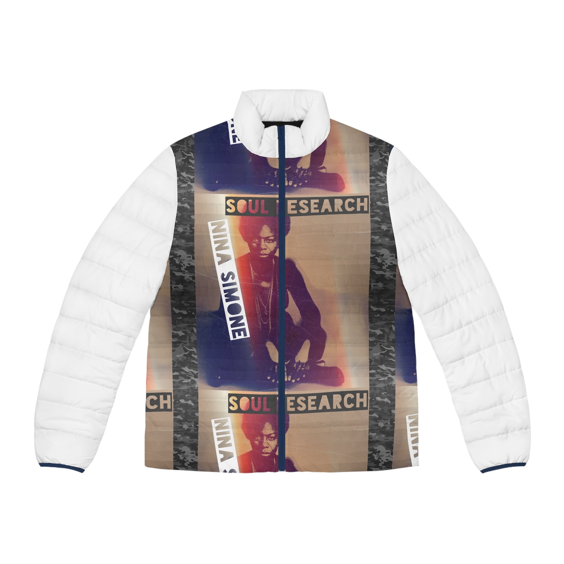 Nina Simone Inspired Men's Puffer Jacket, Urban Street Style, Cozy Winter Wear, Gift for Music Lovers, Fashion Statement, AOP Design